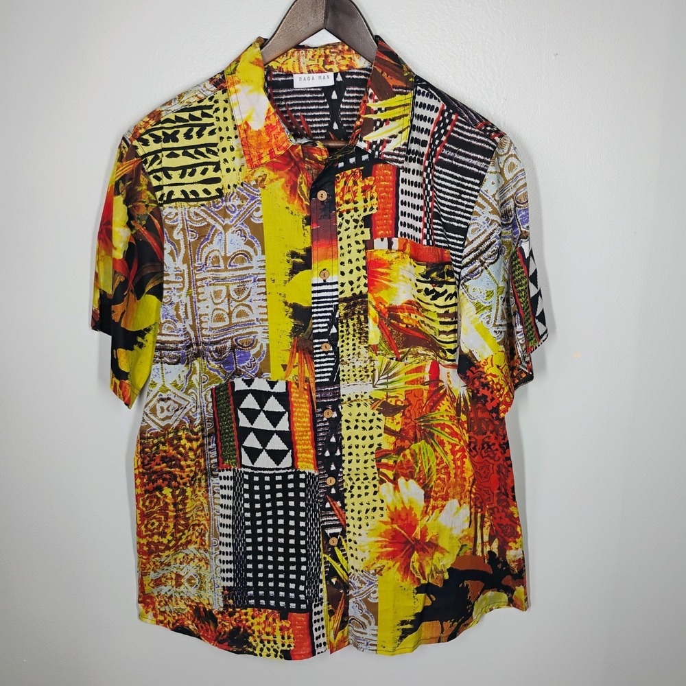 Raga Man Floral Patchwork Button Up‎ Shirt Mens Large Short Sleeve Beachy Travel